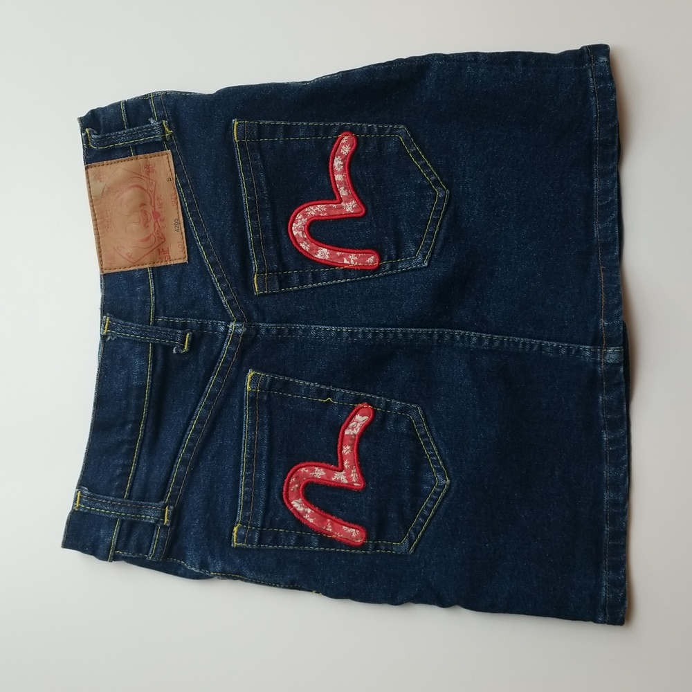 Evisu Red Floral Gull Denim Jean Skirt